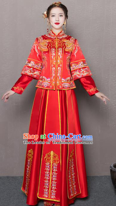 Chinese Traditional Xiuhe Suit Longfeng Flown Ancient Embroidered Red Wedding Dress for Women