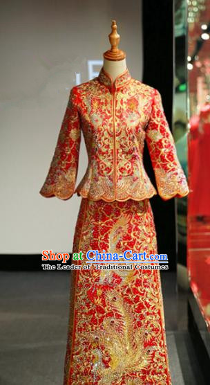 Chinese Traditional Wedding Crystal Xiuhe Suit Ancient Longfeng Flown Bride Embroidered Cheongsam Dress for Women