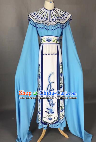 Chinese Peking Opera Actress Blue Dress Traditional Beijing Opera Princess Embroidered Costumes for Adults