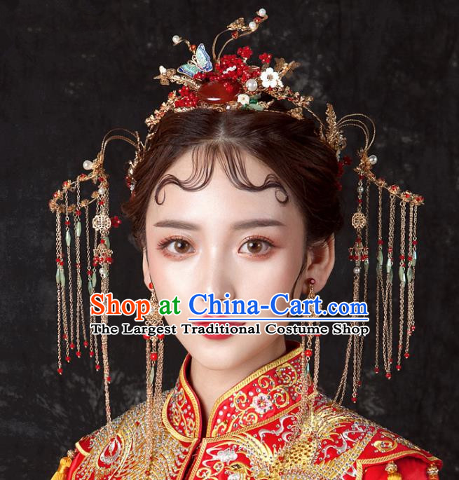 Chinese Ancient Hanfu Wedding Red Agate Phoenix Coronet Hair Accessories Traditional Hairpins for Women