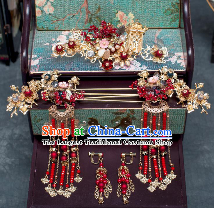 Chinese Ancient Hanfu Wedding Red Beads Hair Accessories Traditional Tassel Hairpins for Women