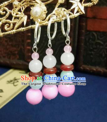 Chinese Ancient Earrings Qing Dynasty Manchu Palace Lady Three Strings Pink Beads Ear Accessories for Women