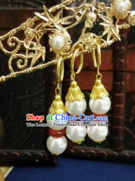 Chinese Ancient Agate Earrings Qing Dynasty Manchu Palace Lady Three Strings Beads Ear Accessories for Women