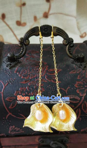 Chinese Ancient Pearls Golden Earrings Qing Dynasty Manchu Palace Lady Ear Accessories for Women