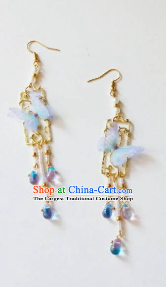 Chinese Ancient Blue Butterfly Earrings Qing Dynasty Manchu Palace Lady Ear Accessories for Women