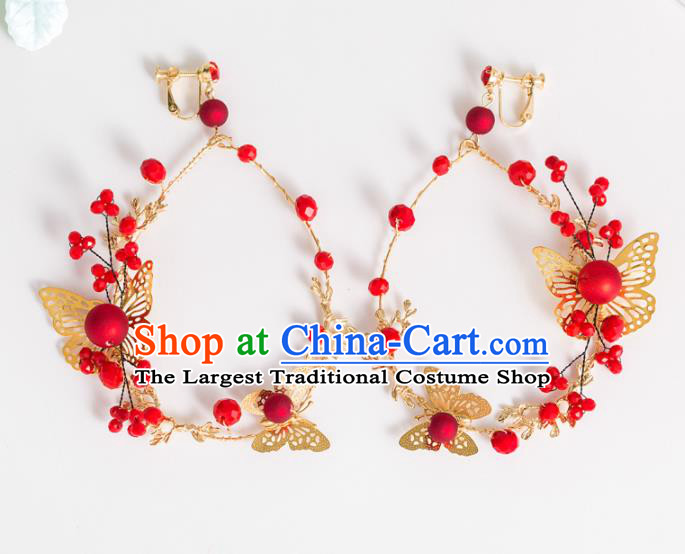 Top Grade Chinese Bride Wedding Accessories Red Beads Butterfly Earrings for Women