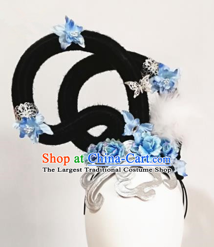 Chinese Traditional Beijing Opera Diva Hair Accessories Classical Dance Wig and Blue Flowers Headwear for Women