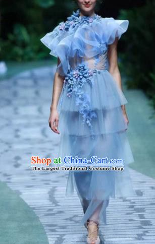 Top Grade Modern Fancywork Costumes Catwalks Blue Veil Dress for Women