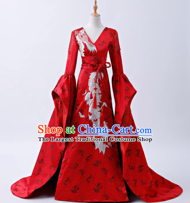 Chinese Traditional Red Cheongsam Compere Costume Full Dress for Women