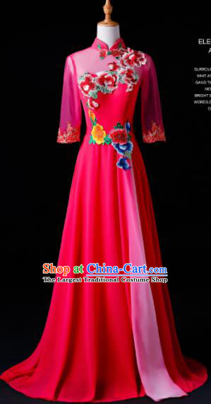 Chinese Traditional National Rosy Cheongsam Compere Chorus Costume Folk Dance Full Dress for Women