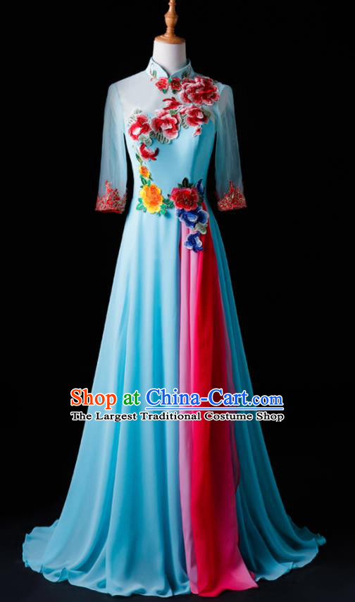 Chinese Traditional National Blue Cheongsam Compere Chorus Costume Folk Dance Full Dress for Women