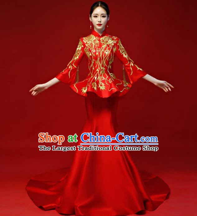 Chinese Traditional National Wedding Cheongsam Compere Chorus Costume Red Full Dress for Women