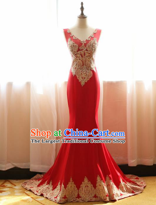 Chinese Traditional Compere Red Trailing Full Dress Embroidered Cheongsam Chorus Costume for Women