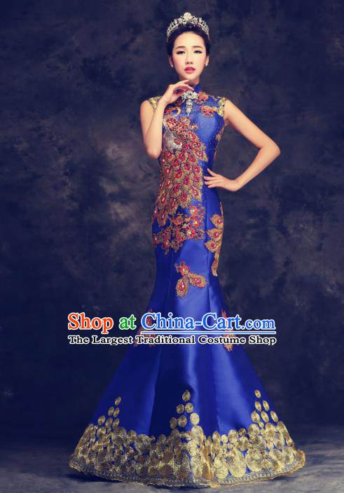Chinese Traditional Compere Full Dress Royalblue Cheongsam Chorus Costume for Women