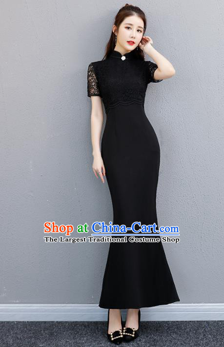 Chinese Traditional Full Dress Black Lace Cheongsam Compere Costume for Women