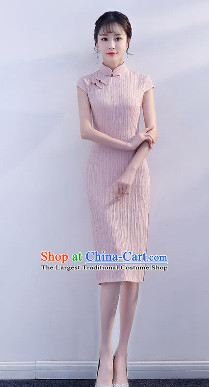 Chinese Traditional Pink Qipao Dress Short Cheongsam Compere Costume for Women