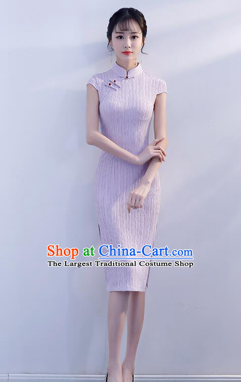 Chinese Traditional Lilac Qipao Dress Short Cheongsam Compere Costume for Women