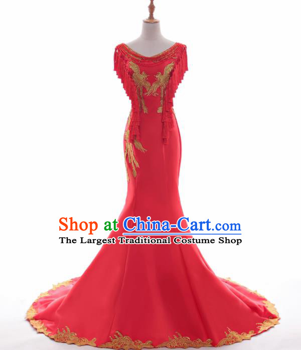 Chinese Traditional Embroidered Phoenix Wedding Red Full Dress Compere Chorus Costume for Women