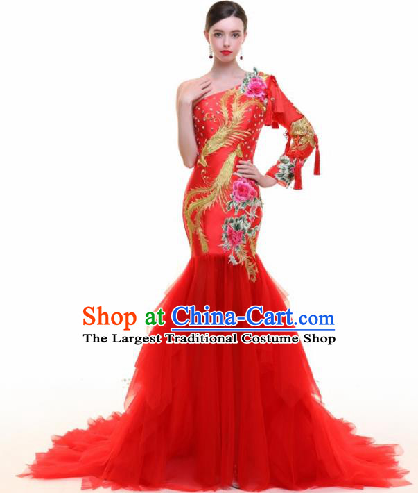Chinese Traditional Embroidered Phoenix Peony Red Full Dress Compere Chorus Costume for Women