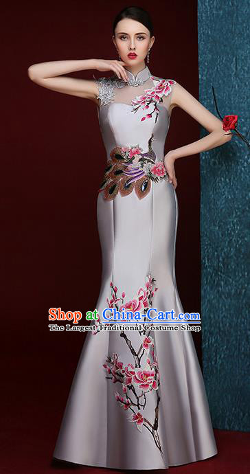 Chinese Traditional Compere Full Dress Embroidered Mangnolia Grey Cheongsam Chorus Costume for Women