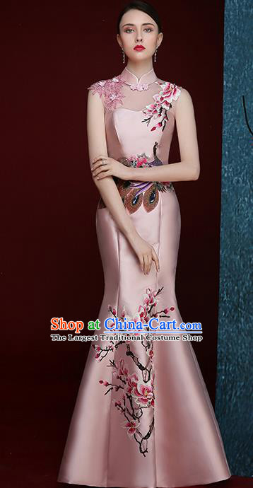 Chinese Traditional Compere Full Dress Embroidered Mangnolia Pink Cheongsam Chorus Costume for Women
