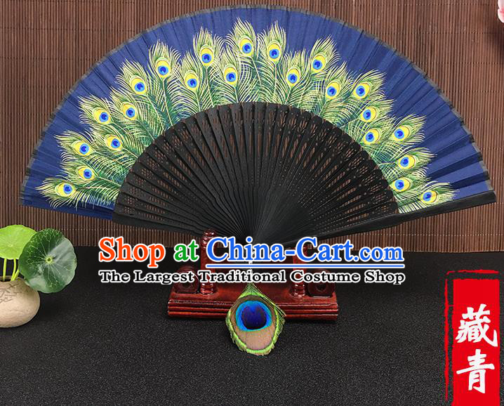 Chinese Traditional Craft Printing Peacock Feather Navy Folding Fans