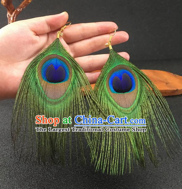 Chinese National Craft Traditional Peacock Feather Earrings for Women