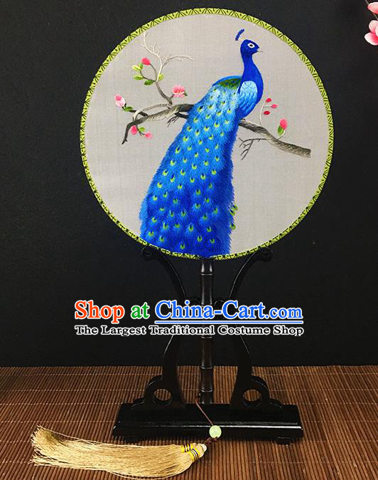 Chinese Traditional Craft Embroidered Blue Peacock Palace Fans Round Fan for Women