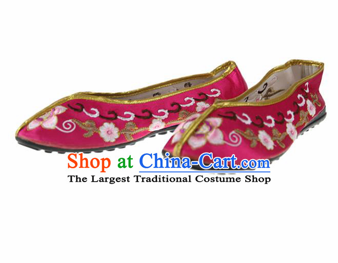 Asian Chinese Traditional Rosy Blood Stained Shoes Ancient Embroidered Shoes for Women