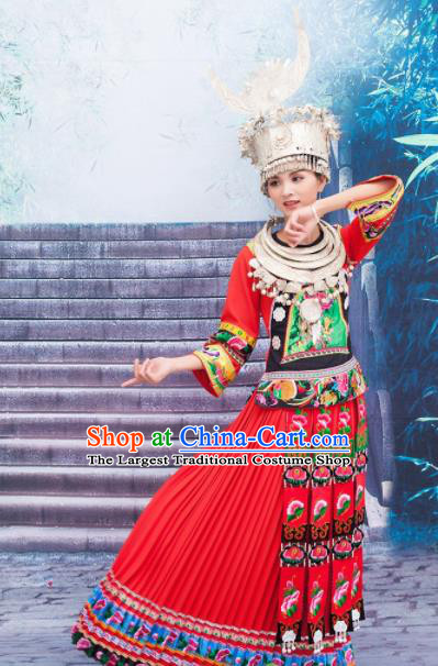 Traditional Chinese Miao Minority Wedding Costumes Hmong Embroidered Red Dress and Headwear for Women