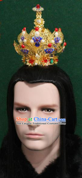 Chinese Traditional King Hair Accessories Ancient Tang Dynasty Emperor Blueing Chrysanthemum Hairdo Crown for Men