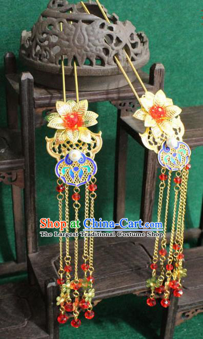 Chinese Ancient Empress Handmade Hair Accessories Golden Lotus Tassel Hairpins for Women