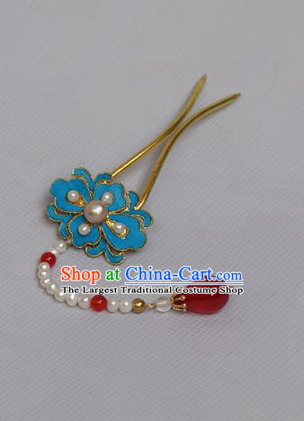 Chinese Ancient Qing Dynasty Palace Lotus Hair Accessories Handmade Tian-Tsui Pearls Tassel Hairpins for Women
