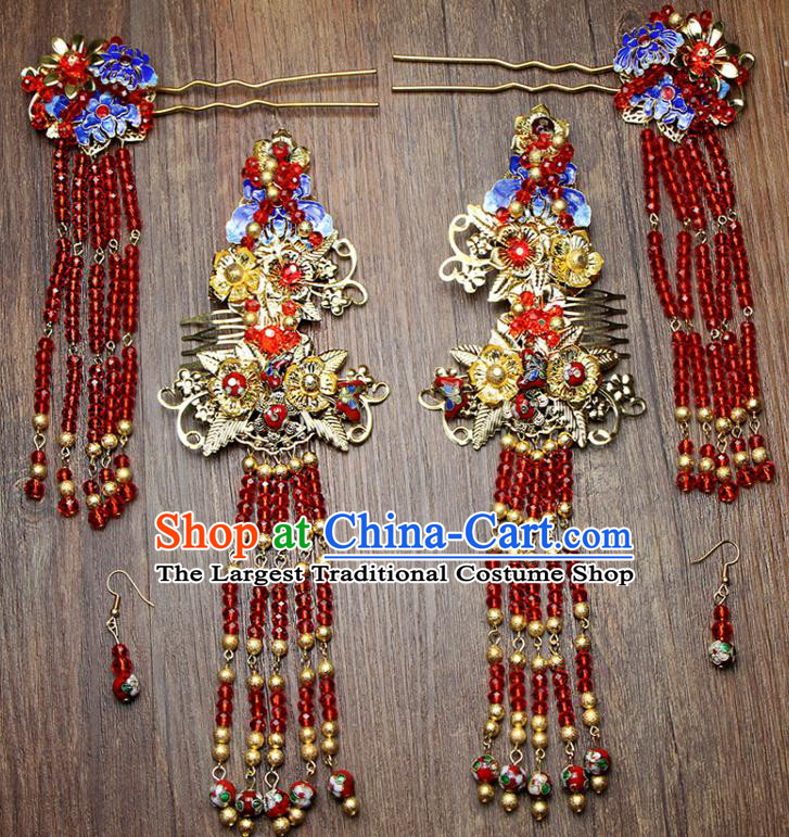 Chinese Ancient XiuHe Suit Handmade Blueing Hairpins Tassel Step Shake Hair Accessories Complete Set for Women
