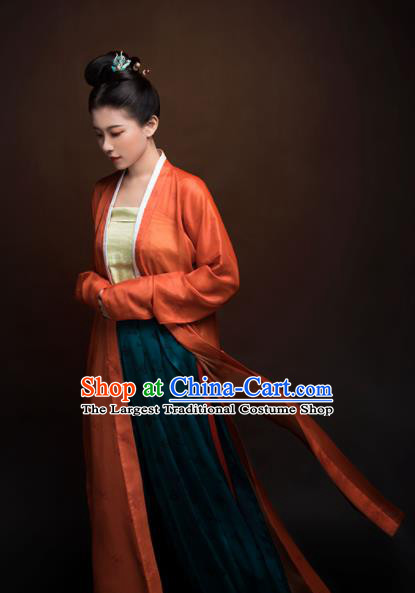 Top Grade Chinese Ancient Song Dynasty Young Lady Hanfu Dress Orange Clothing for Women
