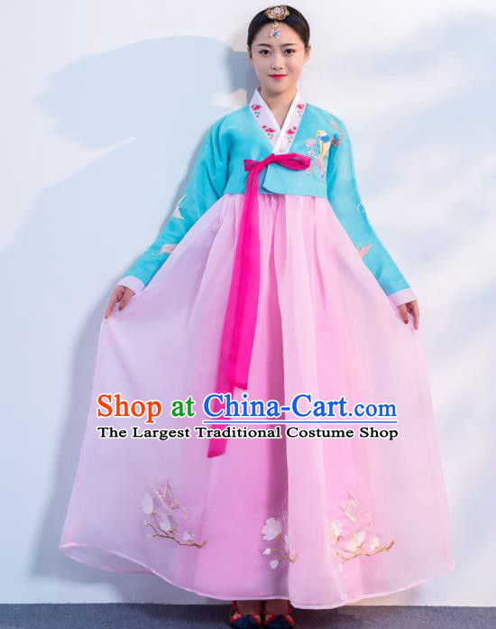 Asian Korean Traditional Costumes Korean Hanbok Blue Embroidered Blouse and Pink Skirt for Women