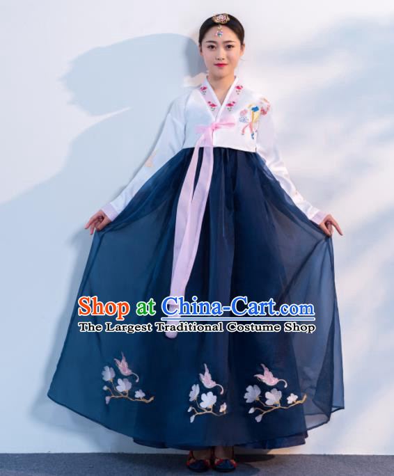 Asian Korean Traditional Costumes Korean Hanbok White Embroidered Blouse and Navy Skirt for Women