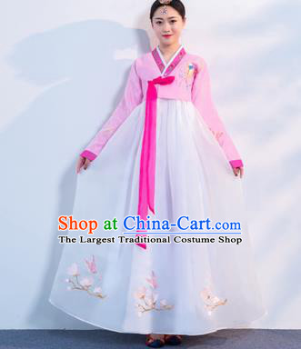 Asian Korean Traditional Costumes Korean Hanbok Pink Embroidered Blouse and White Skirt for Women