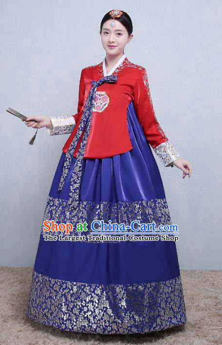 Asian Korean Traditional Costumes Korean Palace Hanbok Embroidered Red Blouse and Blue Skirt for Women