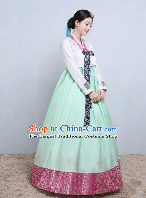 Asian Korean Traditional Costumes Korean Palace Hanbok Embroidered White Blouse and Green Skirt for Women