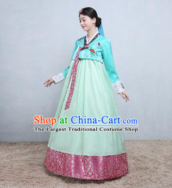Asian Korean Traditional Costumes Korean Palace Hanbok Embroidered Blue Blouse and Green Skirt for Women