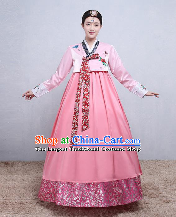 Asian Korean Traditional Costumes Korean Palace Hanbok Embroidered Pink Blouse and Skirt for Women