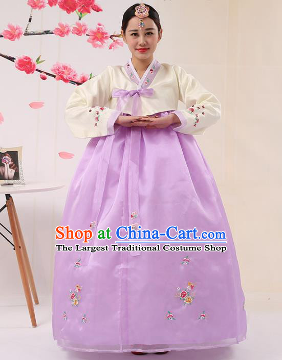 Korean Traditional Costumes Asian Korean Palace Hanbok Bride Embroidered Beige Blouse and Purple Skirt for Women