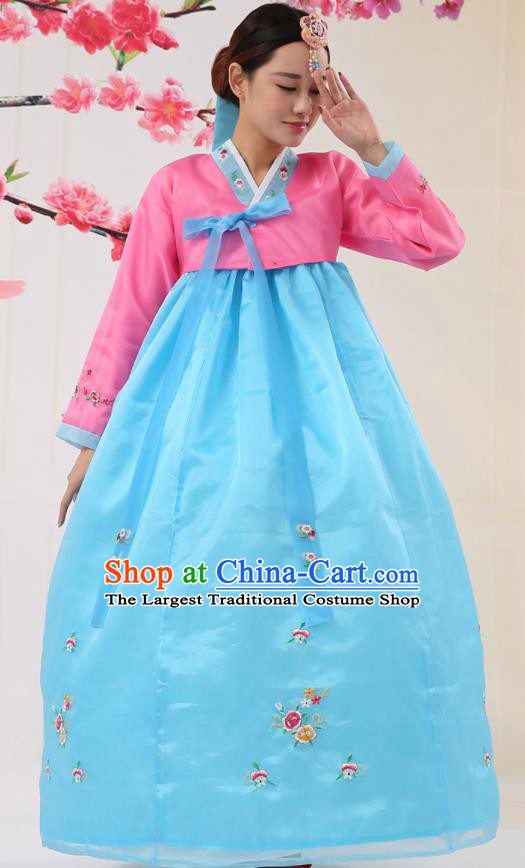 Korean Traditional Costumes Asian Korean Palace Hanbok Bride Embroidered Pink Blouse and Blue Skirt for Women
