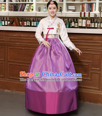 Korean Traditional Costumes Asian Korean Hanbok Palace Bride Embroidered White Blouse and Purple Skirt for Women
