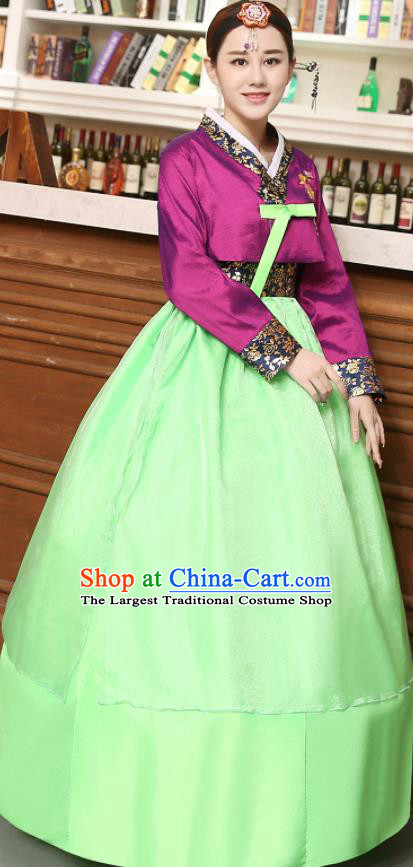 Korean Traditional Costumes Asian Korean Hanbok Palace Bride Embroidered Purple Blouse and Green Skirt for Women