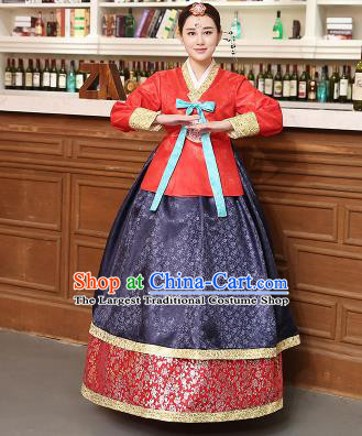 Korean Traditional Costumes Asian Korean Hanbok Palace Bride Embroidered Red Blouse and Navy Skirt for Women