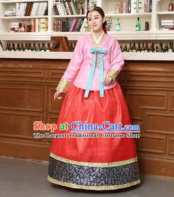 Korean Traditional Costumes Asian Korean Hanbok Palace Bride Embroidered Pink Blouse and Red Skirt for Women