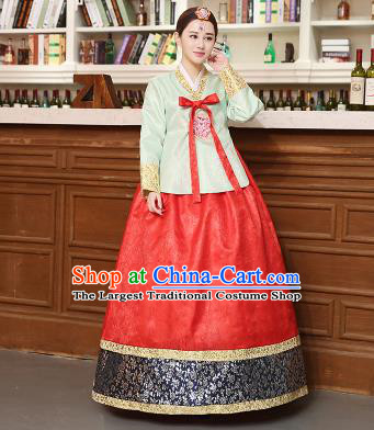 Korean Traditional Costumes Asian Korean Hanbok Palace Bride Embroidered Green Blouse and Red Skirt for Women
