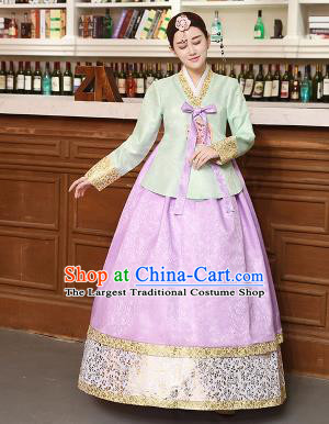 Korean Traditional Costumes Asian Korean Hanbok Palace Bride Embroidered Green Blouse and Lilac Skirt for Women